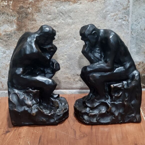 Vintage Bronze The Thinker Sculpture Bookend Set of 2 - Picture 9 of 13